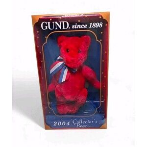 NEW Gund 2004 Collectors Bear "Gundy" Red Patriotic Bow Americana USA + Box NRFB
